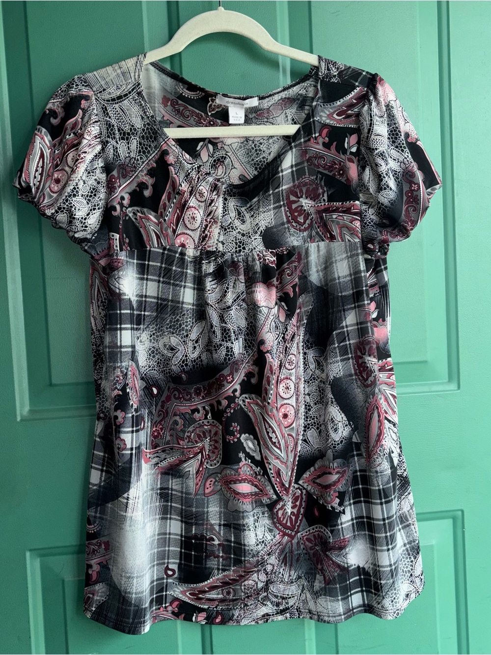dressbarn large Black and Pink Paisley Plaid Short Sleeve Blouse